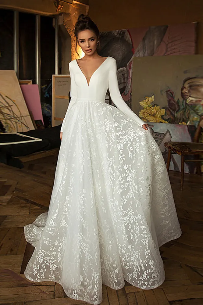A-line V-neck Long Sleeves Sweep / Brush Train Twisted Pair Wedding Gown With Appliques 1