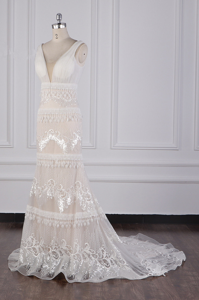 Column V-neck Sleeveless Floor-length Tulle Bridal Dress With Sequins 3