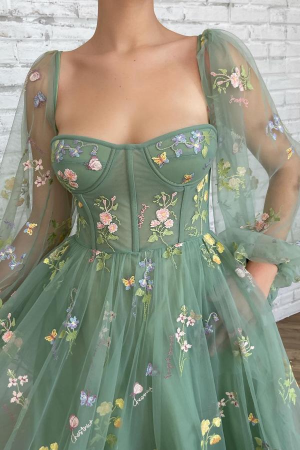 A-line Sweetheart Neck Long Sleeves Ankle-length Tulle Cocktail Party Dress With Ruffles 2