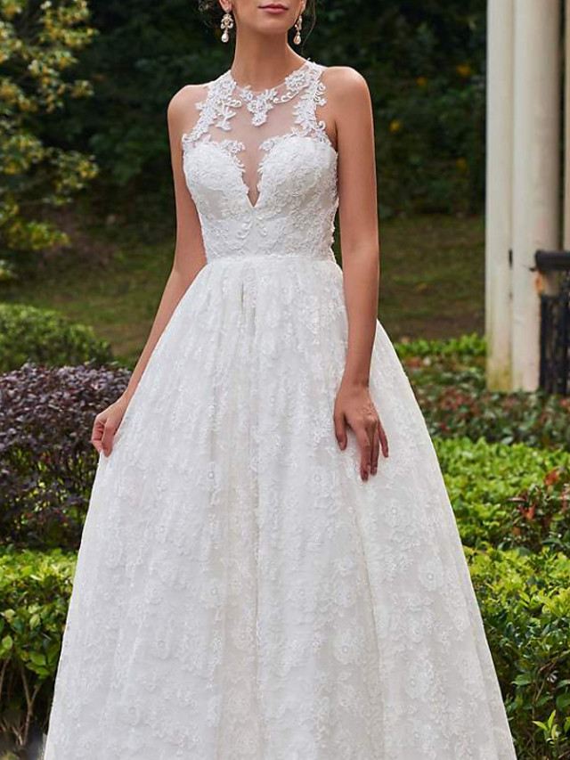 A-line Sleeveless Sweep / Brush Train Lace Bridal Gown With Buttons 3