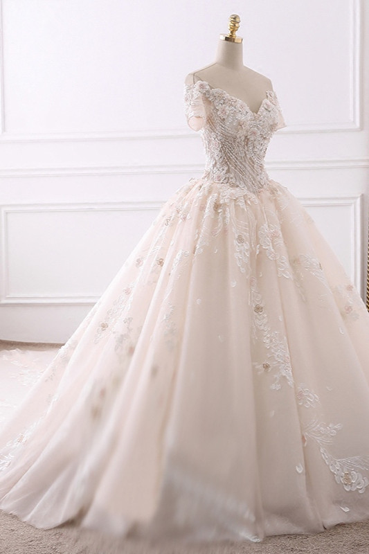 A-line V-neck Short Sleeves Floor-length Tulle Wedding Dress With Appliques 3