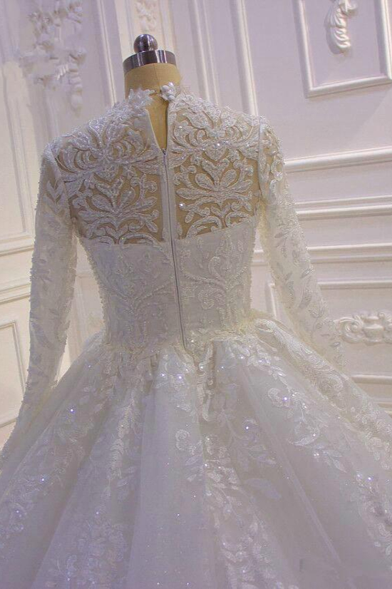Ball Gown High Neck Long Sleeves Floor-length Tulle Wedding Dress With Beading 4