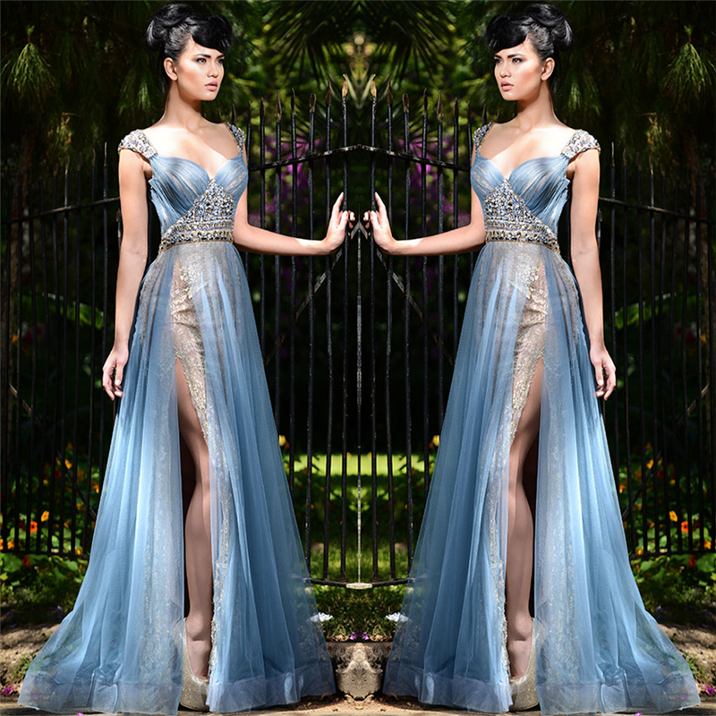 A-line Straps Sleeveless Floor-length Evening Dress With Crystal 2