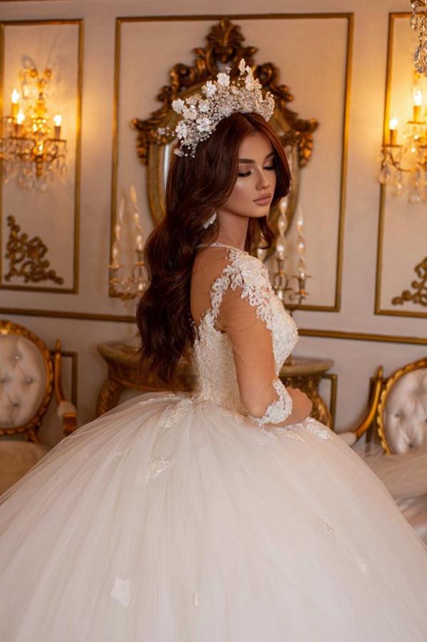 Lace Appliqued Tulle Ball Gown Wedding Dress with Illusion Sleeves 2
