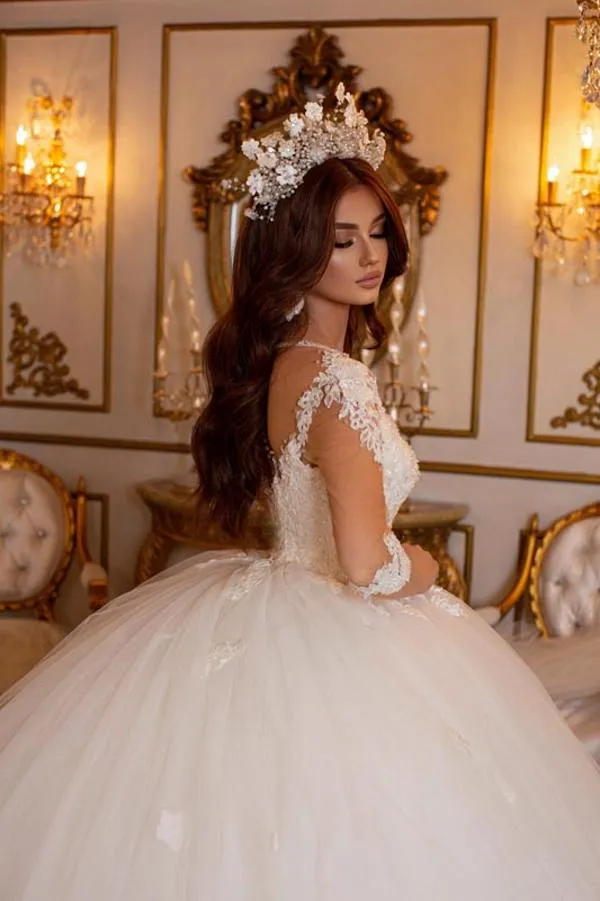 Lace Appliqued Tulle Ball Gown Wedding Dress with Illusion Sleeves 2