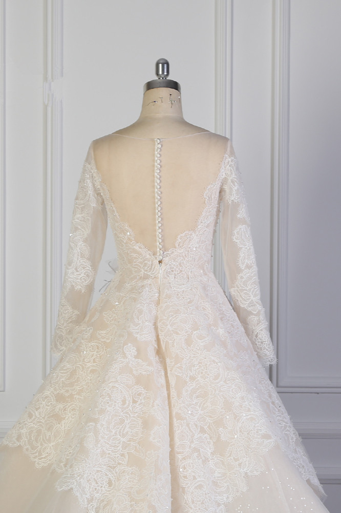 Ball Gown Jewel Neck Long Sleeves Floor-length Tulle Bridal Gown With Appliques 6