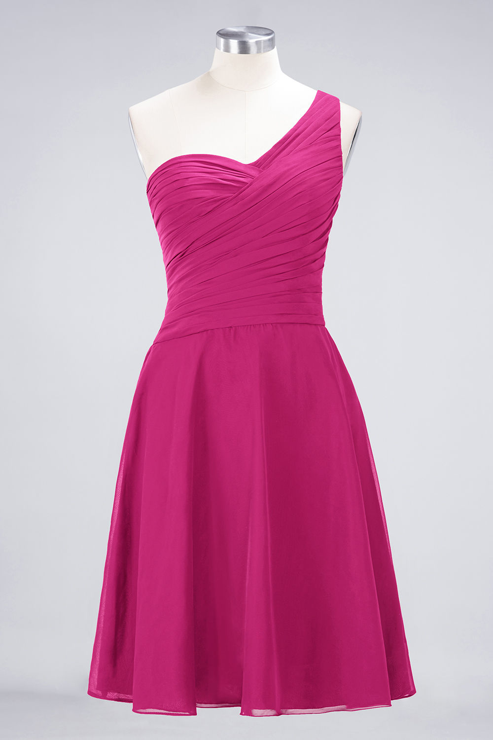 A-line One Shoulder Sweetheart Neck Sleeveless Knee-length 100D Chiffon Bridesmaid Attire With Ruffles 19