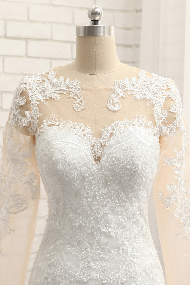 Mermaid Jewel Neck Long Sleeves Court Train Stretch Satin Wedding Gown With Lace 4