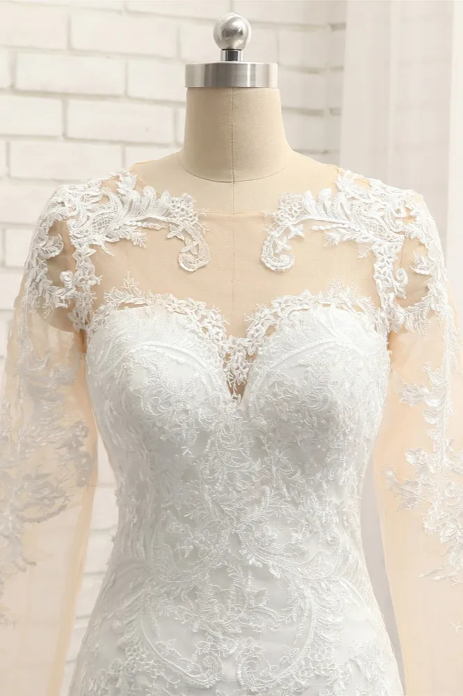 Mermaid Jewel Neck Long Sleeves Court Train Stretch Satin Wedding Gown With Lace 4