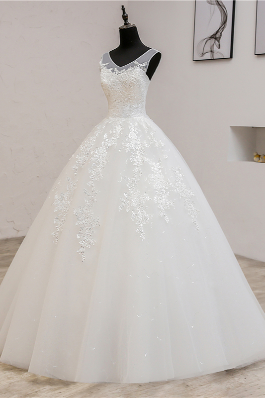 A-line Sleeveless Floor-length Tulle Bridal Dress With Appliques 4