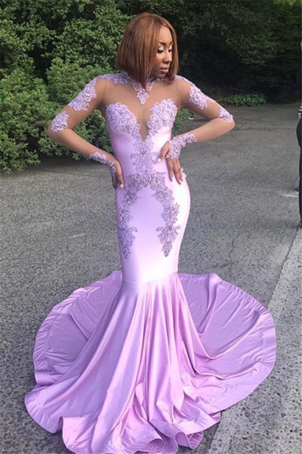 Mermaid High Neck Court Train Stretch Satin Evening Gown With Appliques 1
