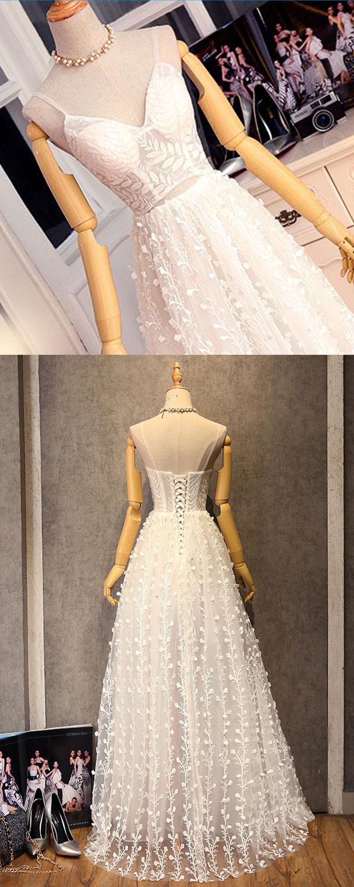 A-line Straps Sweetheart Neck Sleeveless Floor-length Tulle Bridal Dress With Lace 6
