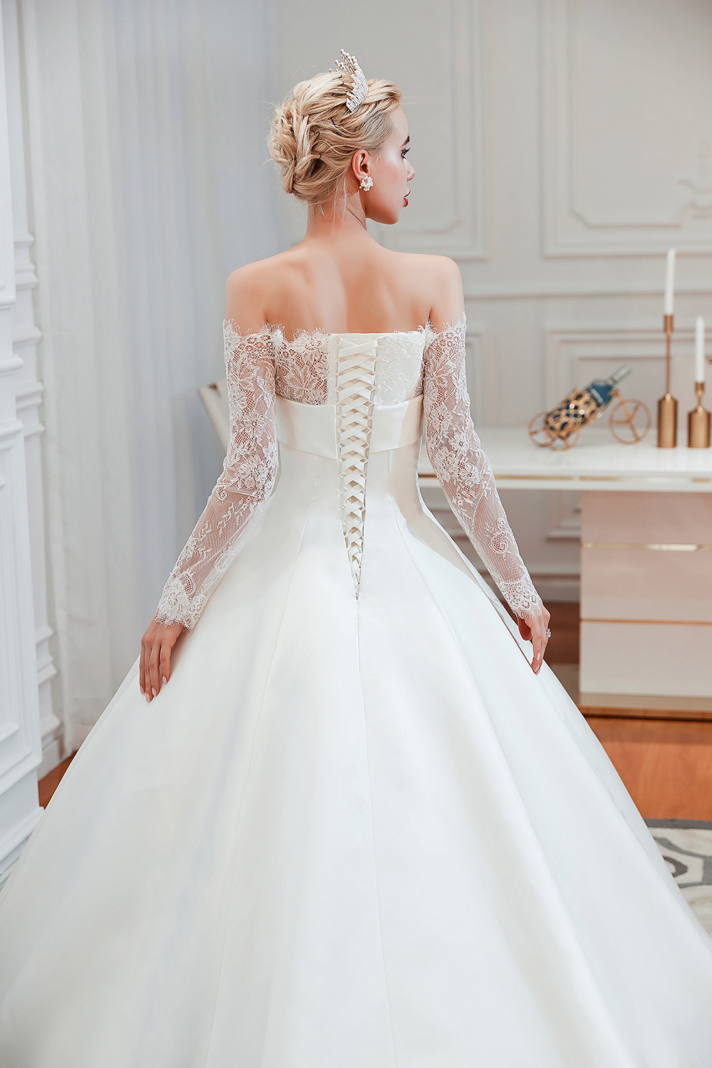 Bateau Neck Long Sleeves Cathedral Train Satin Wedding Gown With Lace 2