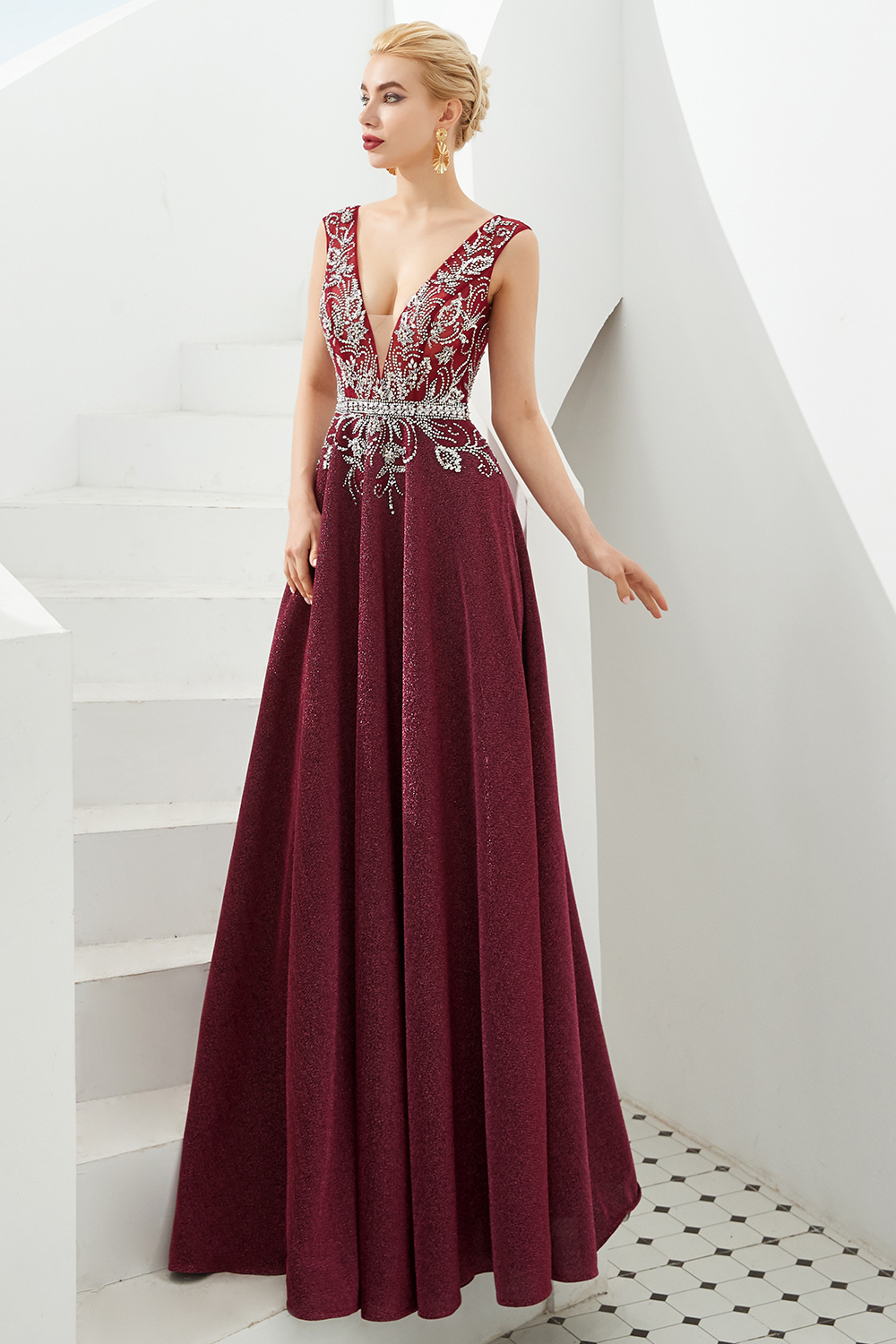 A-line V-neck Sleeveless Sweep / Brush Train Evening Gown With Crystal Floral Pin 9
