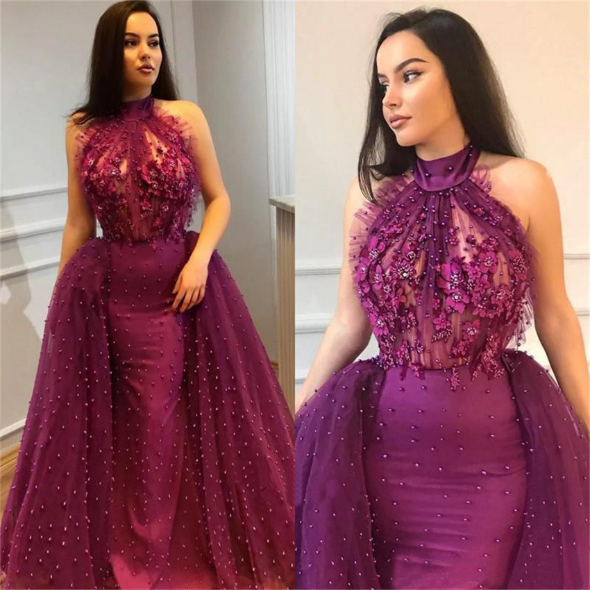 High Neck Sleeveless Sweep / Brush Train Formal Wear With Beading 2