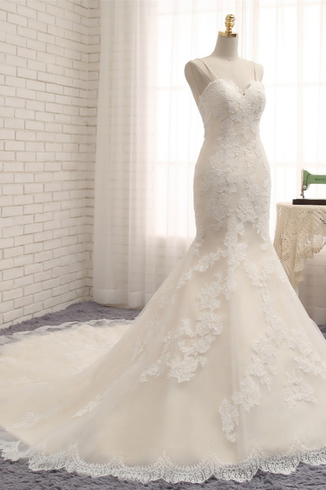 Mermaid Spaghetti Straps Court Train Bridal Dress With Appliques 3