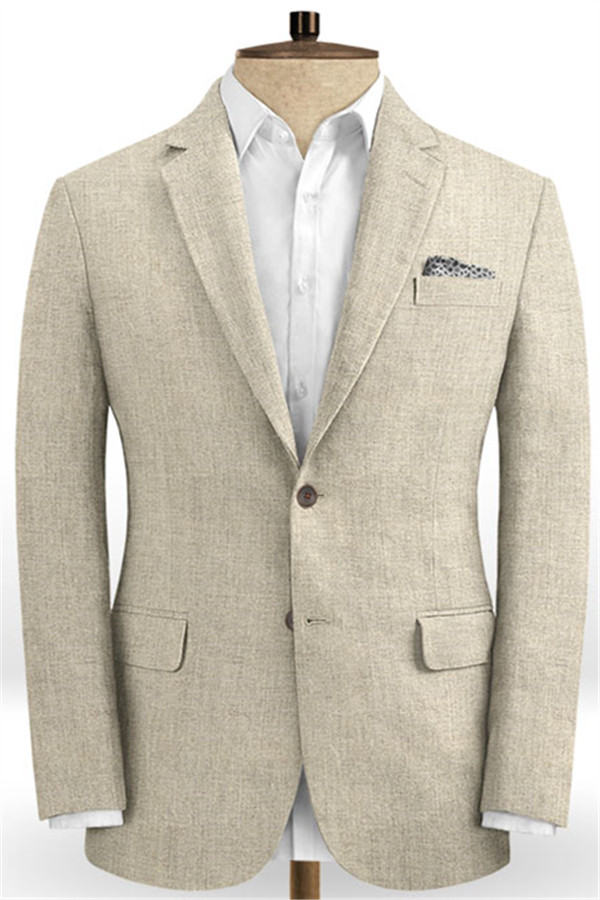 Khaki Linen Two Pieces Men Suits 1