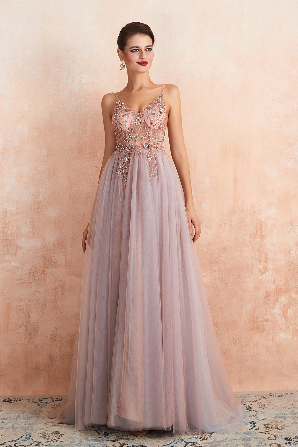 A-line V-neck Sleeveless Sweep / Brush Train Tulle Evening Dress With Sequins 11