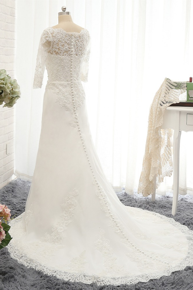 A-line Half-Sleeves Floor-length Stretch Satin Wedding Dress With Appliques 2