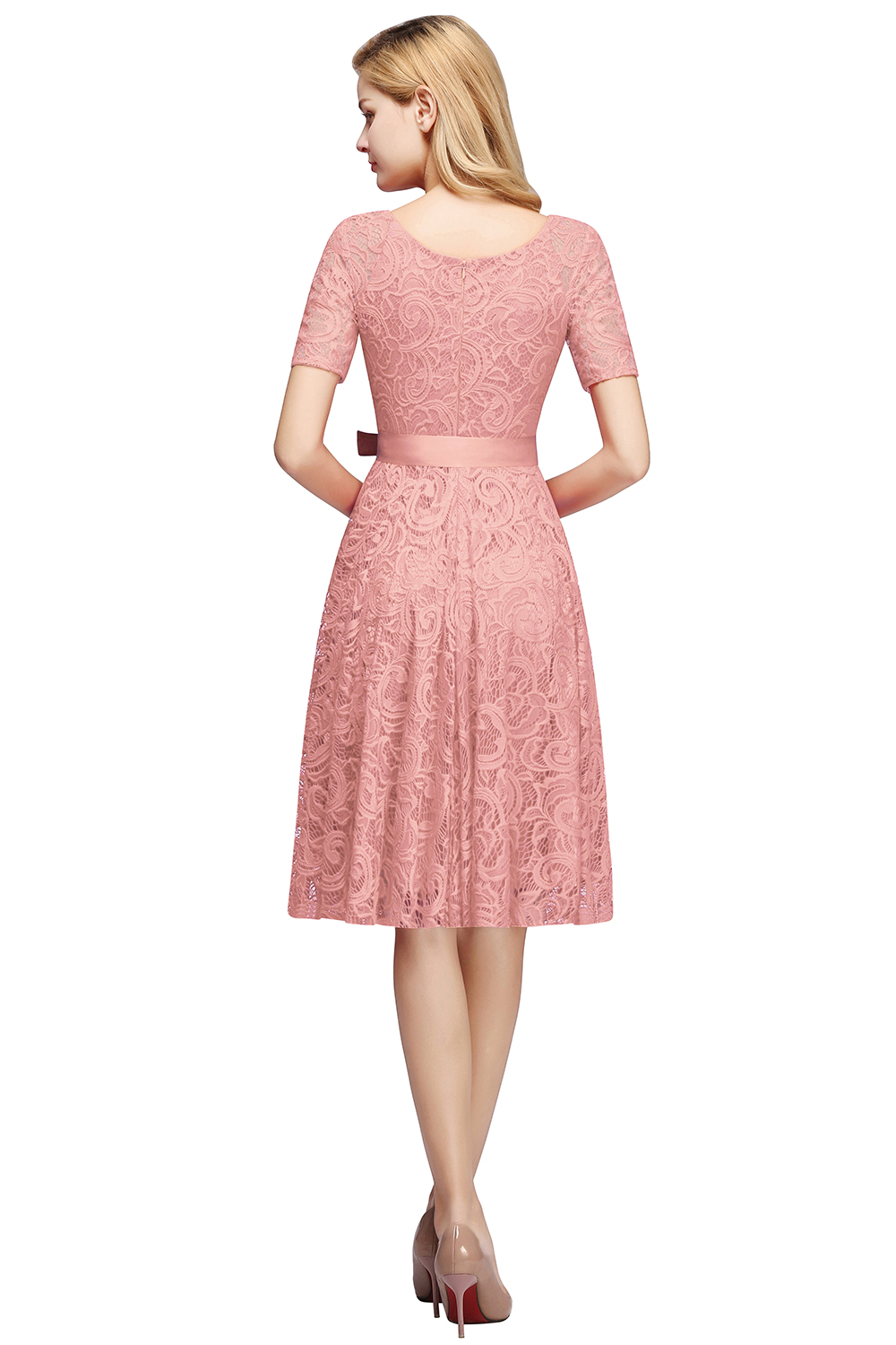 A-line V-neck Short Sleeves Knee-length Lace Bridesmaid Dress With Ribbons 2