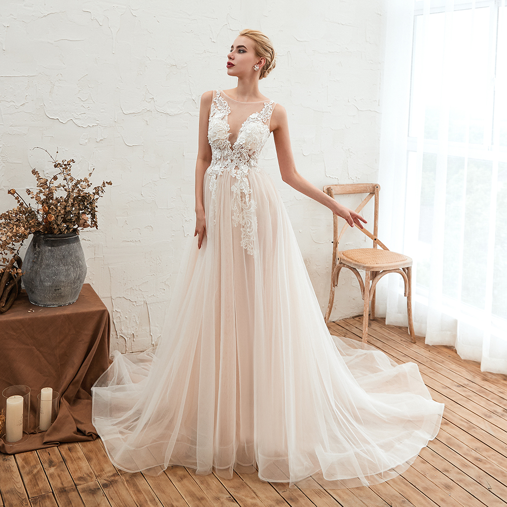 Ball Gown Jewel Neck Sleeveless Chapel Train Tulle Wedding Gown With Rhinestone 9