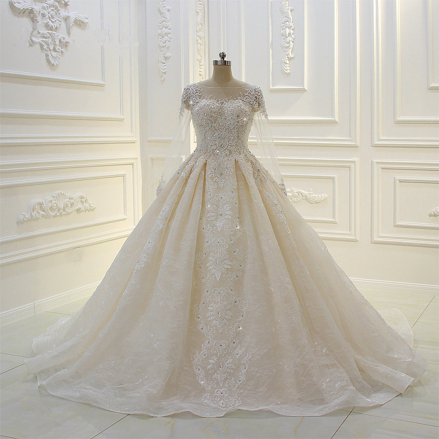Ball Gown Jewel Neck Long Sleeves Floor-length Tulle Bridal Dress With Beading 5