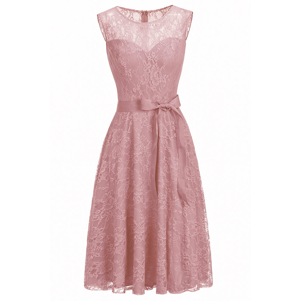 A-line Jewel Neck Sleeveless Knee-length Lace Bridesmaid Dress With Ribbons 3