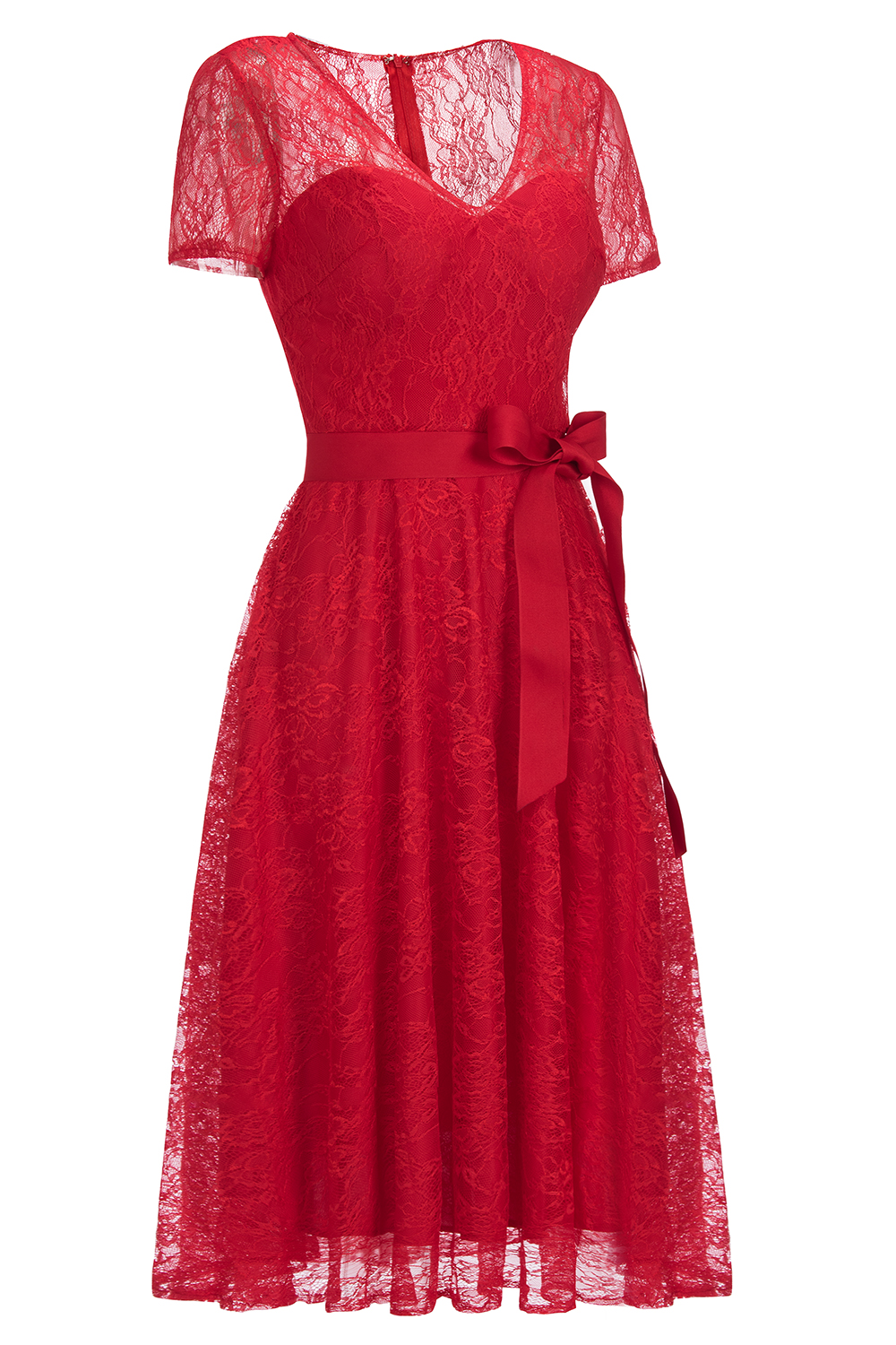 A-line V-neck Short Sleeves Mini Lace Bridesmaid Attire With Ribbons 15