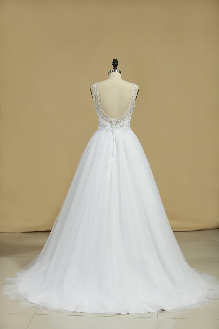A-line Jewel Neck Sleeveless Floor-length Tulle Bridal Dress With Pearls 6