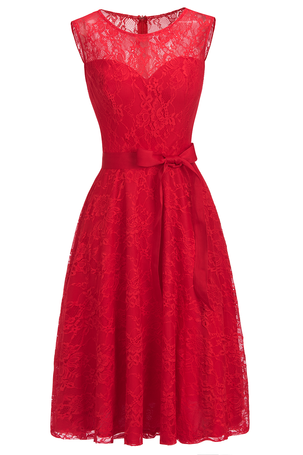 A-line Jewel Neck Sleeveless Knee-length Lace Bridesmaid Dress With Ribbons 4