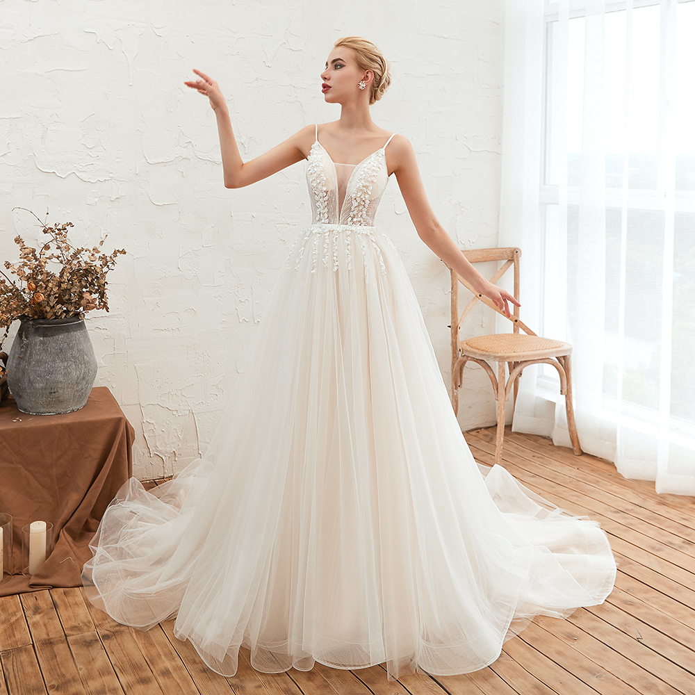 A-line Plunging Neckline Sleeveless Cathedral Train Tulle Wedding Gown With Flower(s) 5