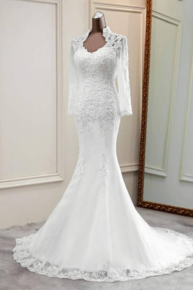 Mermaid V-neck Long Sleeves Floor-length Tulle Wedding Dress With Beading 4