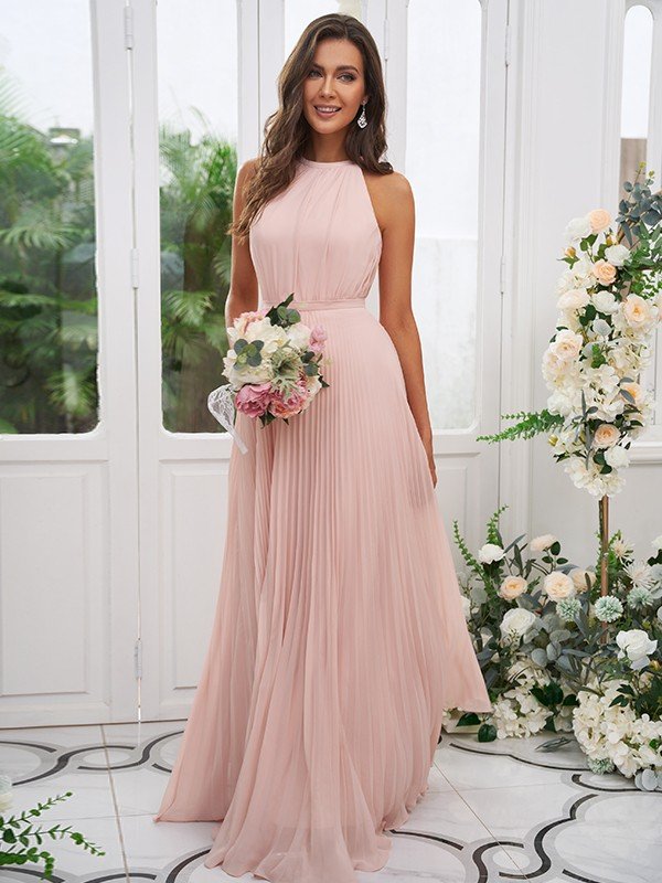 A-line Halter-neck Sleeveless Floor-length 100D Chiffon Bridesmaid Attire With Ruffles 2