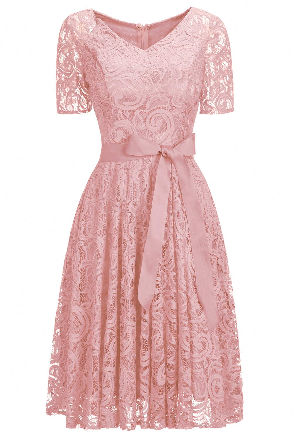 A-line V-neck Short Sleeves Knee-length Lace Bridesmaid Dress With Ribbons 5