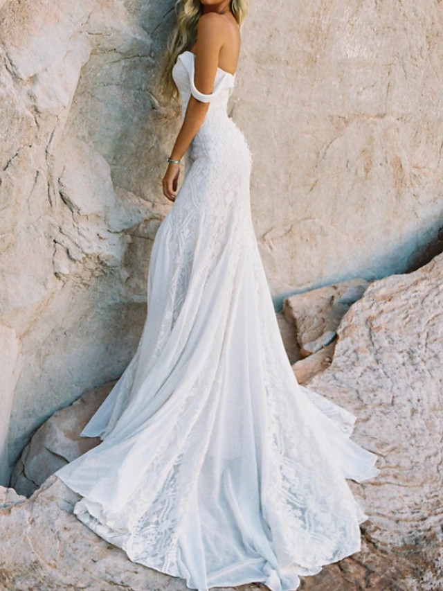 Mermaid Sweetheart Neck Short Sleeves Sweep / Brush Train Tulle Wedding Gown With Lace 3