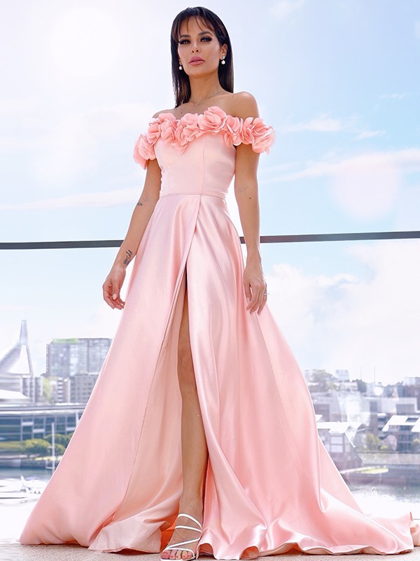 A-line Off-the-shoulder Sleeveless Sweep / Brush Train 100D Chiffon Evening Gown With Beading 2
