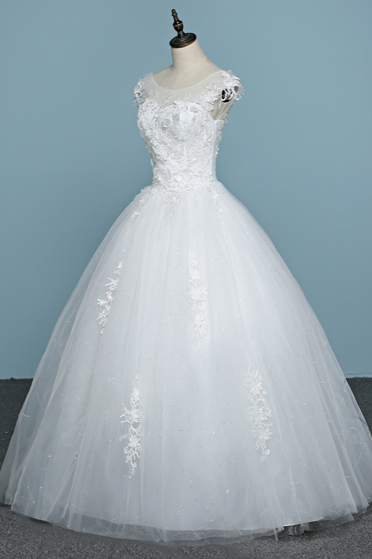 A-line Jewel Neck Sleeveless Floor-length Tulle Wedding Gown With Appliques 4