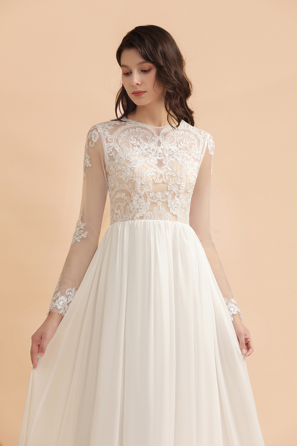 A-line Jewel Neck Long Sleeves Floor-length 100D Chiffon Bridal Attire With Appliques 7
