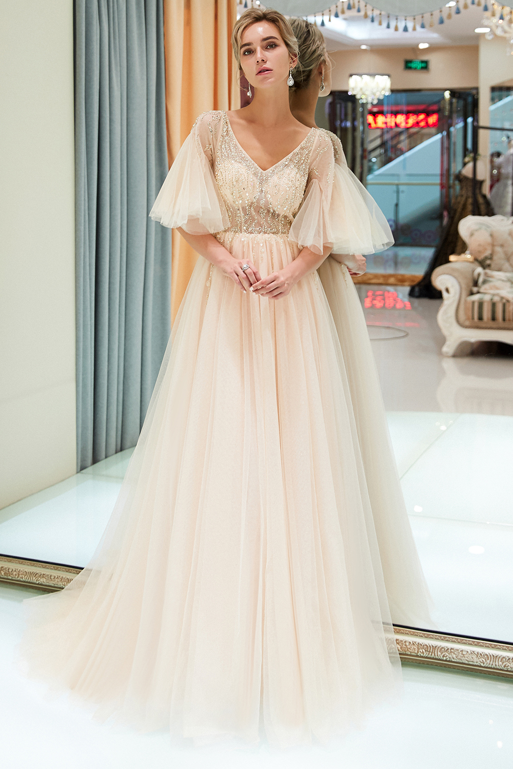 A-line V-neck Half-Sleeves Court Train Tulle Evening Gown With Beading 4