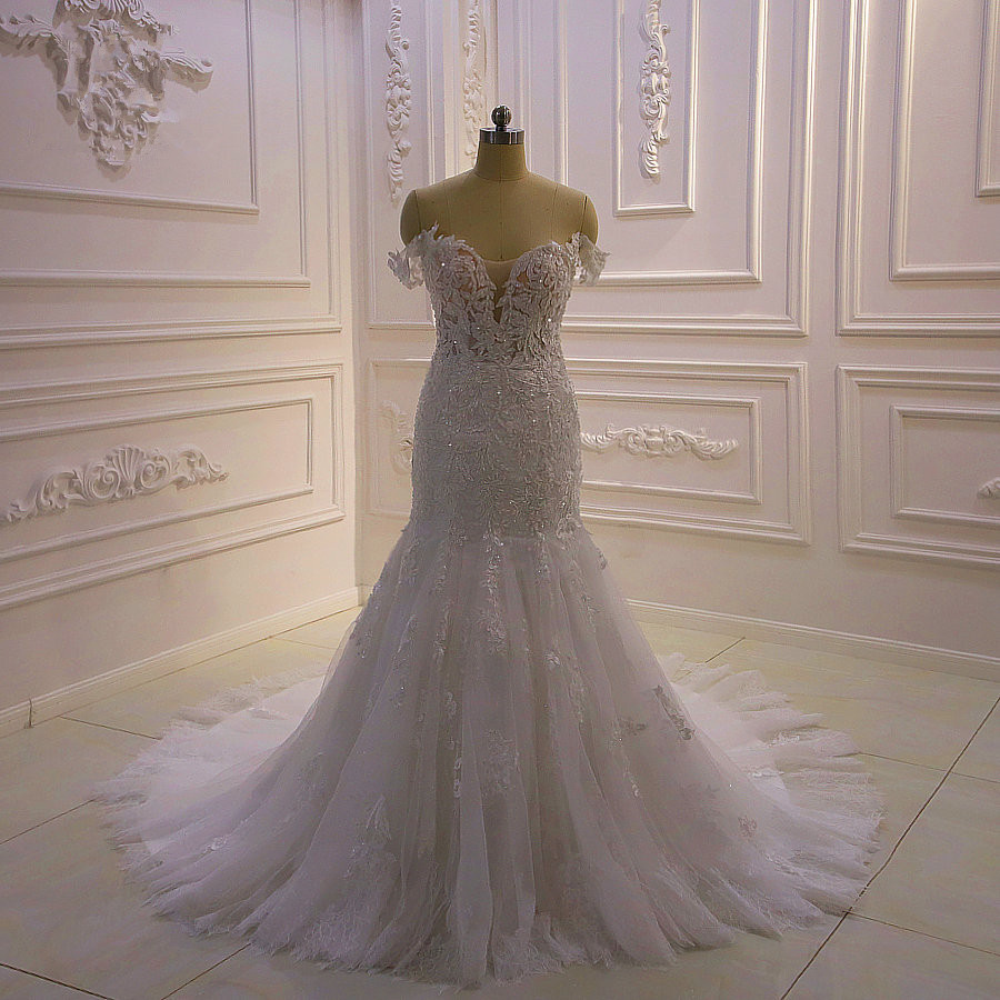 Mermaid Off-the-shoulder Sweetheart Neck Floor-length Tulle Wedding Dress With Appliques 7