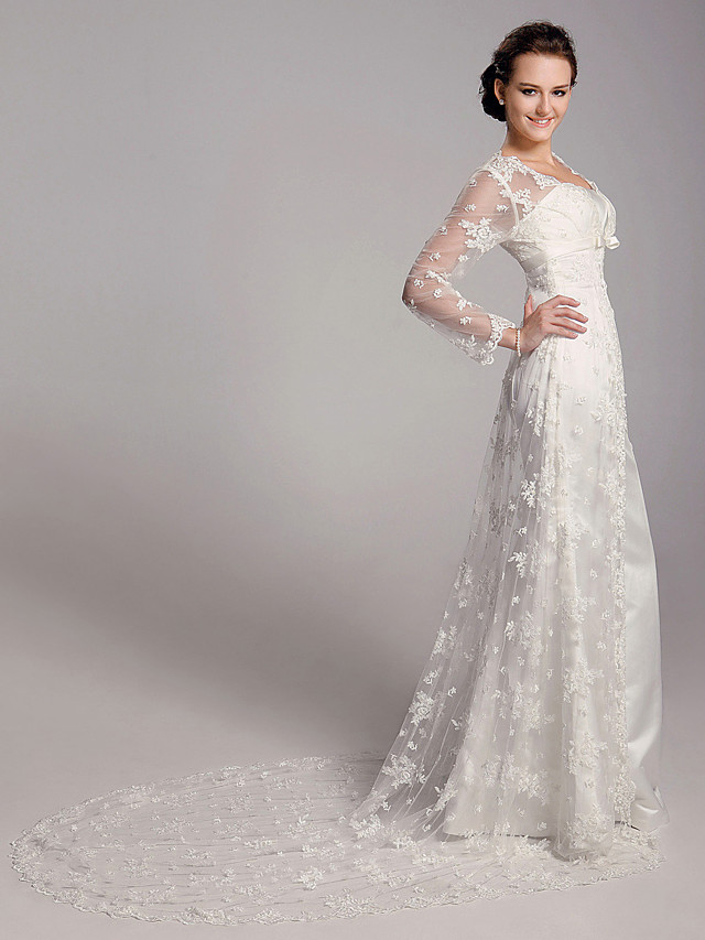 Column Square Neck Long Sleeves Sweep / Brush Train Lace Bridal Gown With Lace 4