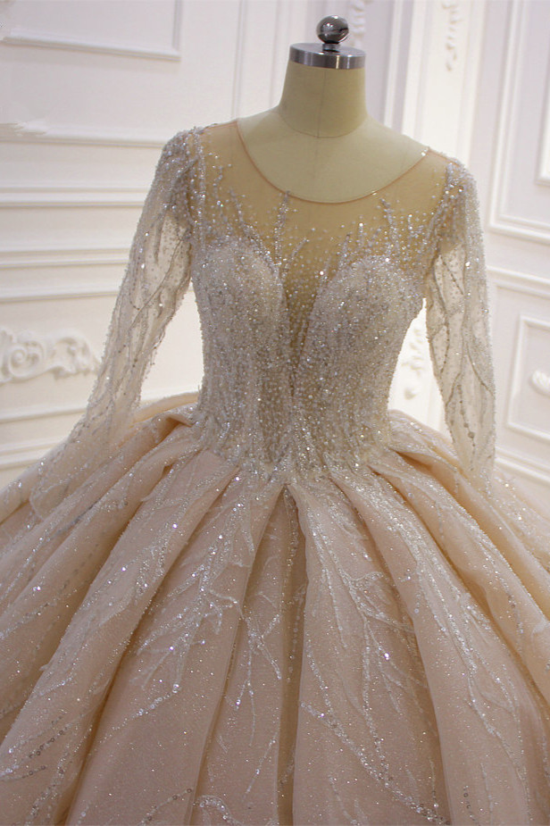 Ball Gown Jewel Neck Long Sleeves Floor-length Tulle Bridal Dress With Beading 3
