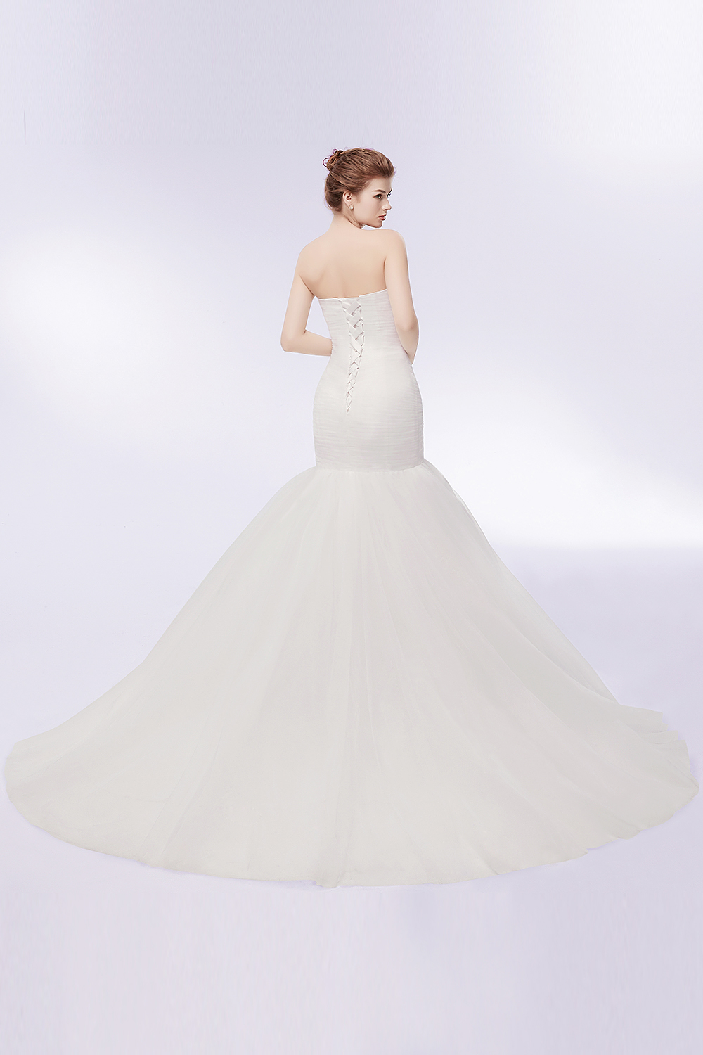 Mermaid Strapless Sweetheart Neck Sleeveless Court Train 100D Chiffon Bridal Gown With Ruffles 10