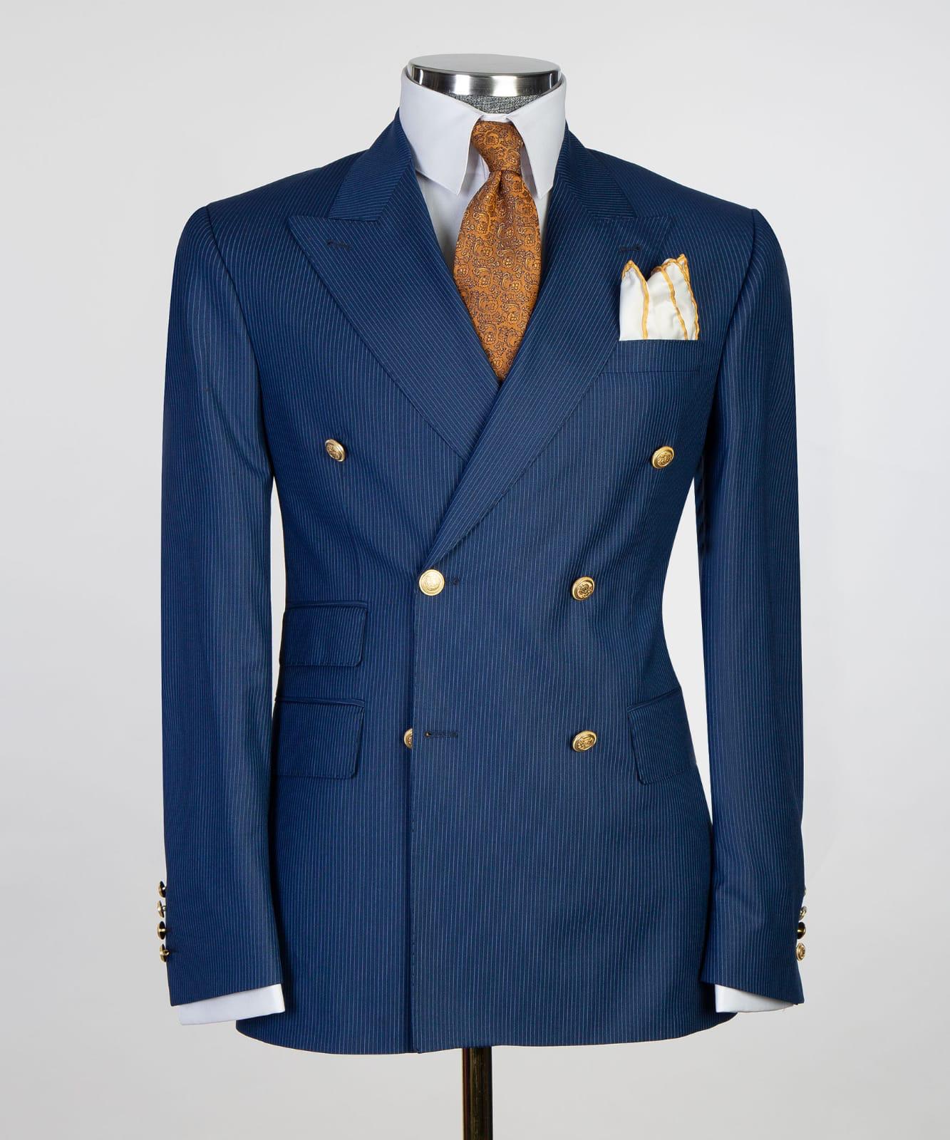 Dark Blue Stripe Double Breasted Business Men Suit with Peaked Lapel 4