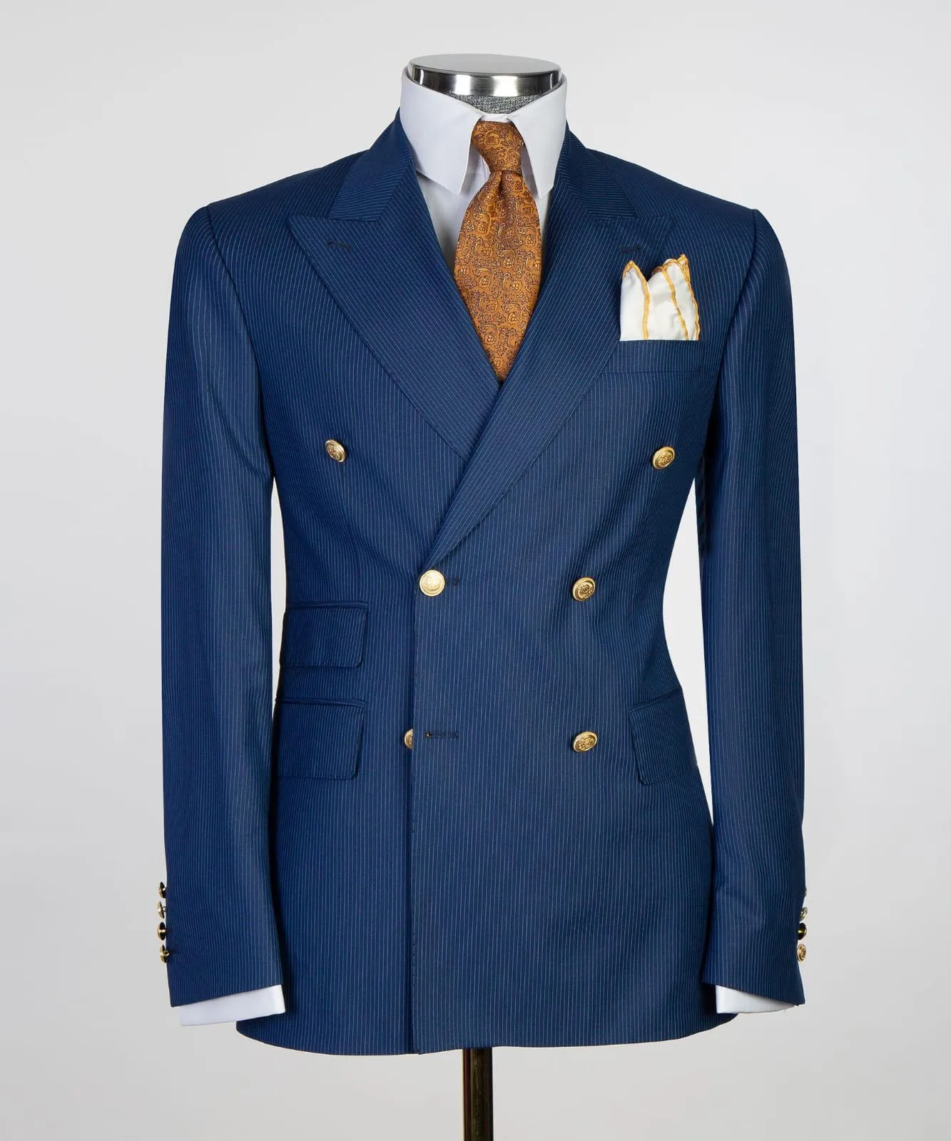 Men's Classic Double-Breasted Pinstripe Suit with Gold Buttons 4