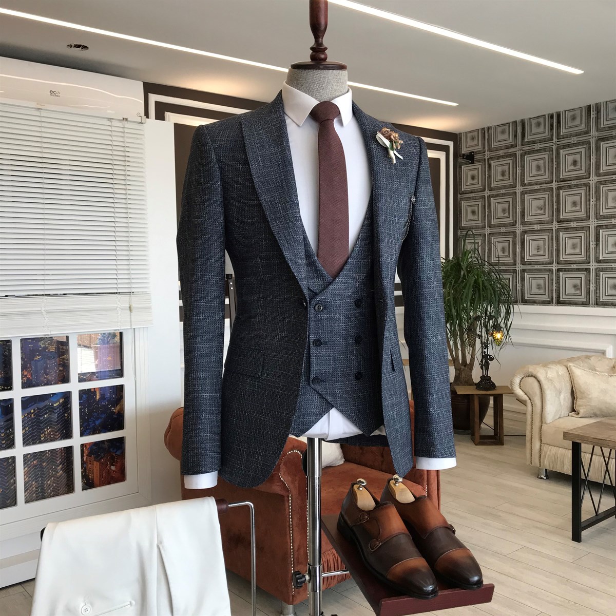 Black Plaid Double Breasted Waistcoat Business Suit 2