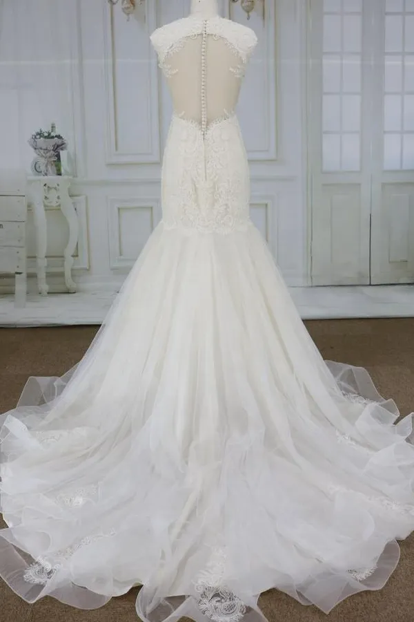 Mermaid Square Neck Sleeveless Cathedral Train Tulle Wedding Gown With Lace 2