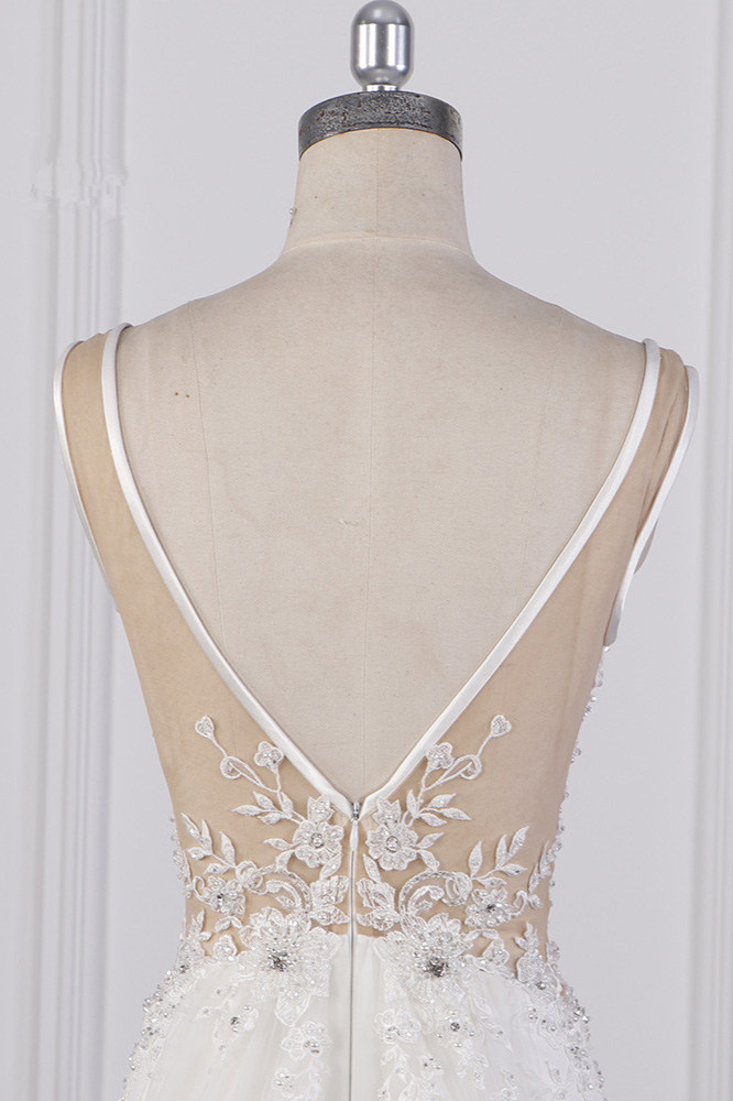 Column V-neck Sleeveless Floor-length Tulle Wedding Dress With Appliques 6