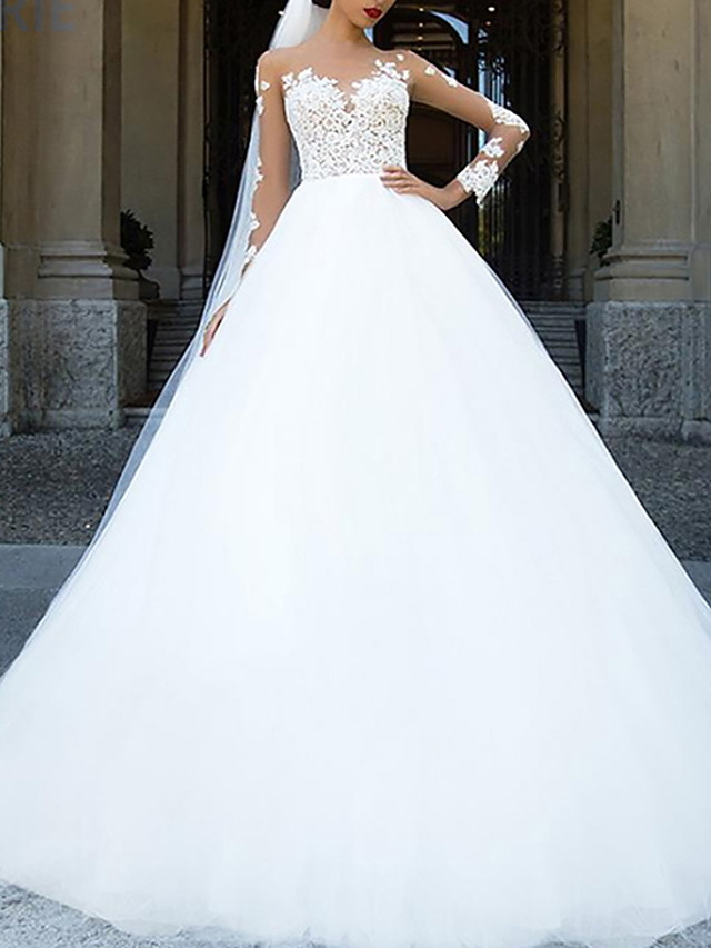 Ball Gown Long Sleeves Sweep / Brush Train Tulle Wedding Dress With Lace 1