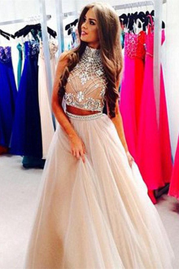 A-line Halter-neck Sleeveless Floor-length Tulle Evening Dress With Beading 3